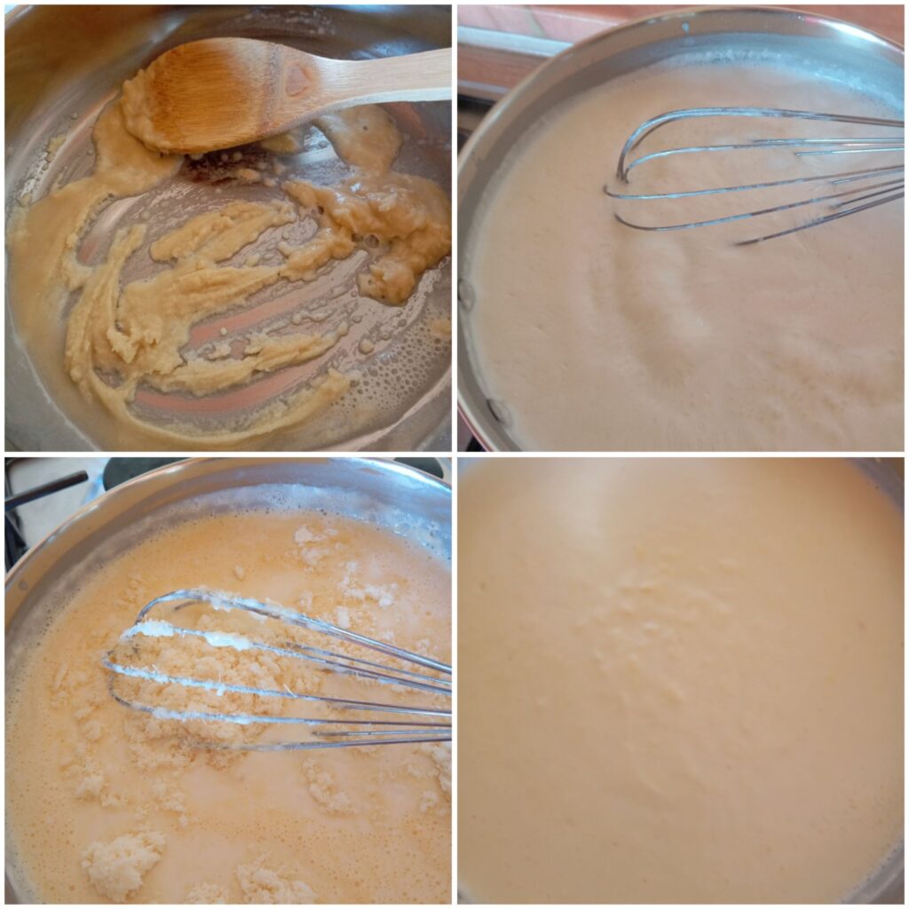 Four images showing the bechamel sauce process: flour in pot, adding milk, mixing eggs and parmesan, and finished sauce.