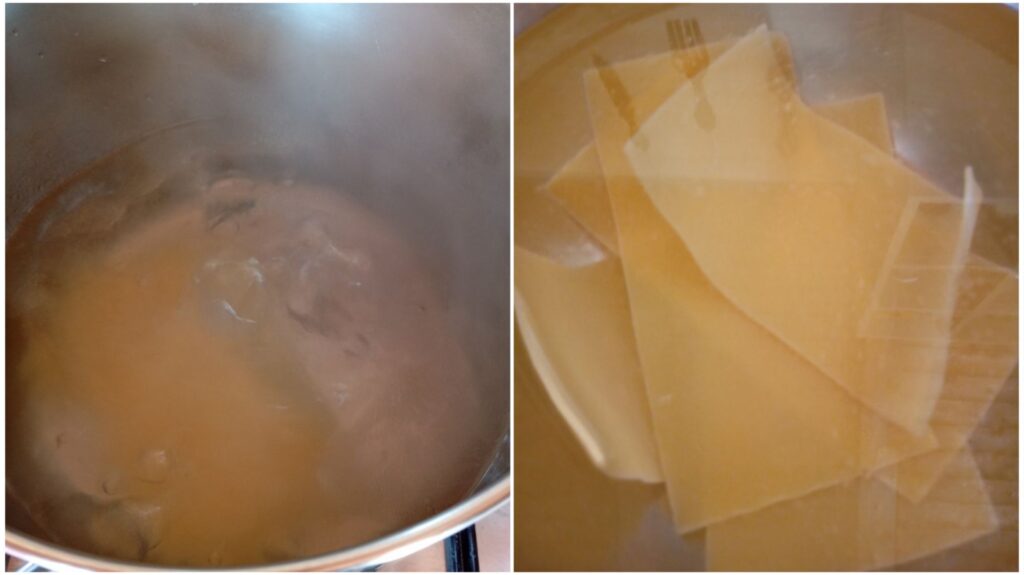 Two images showing lasagna sheets in boiling water and then in cold water after cooking.