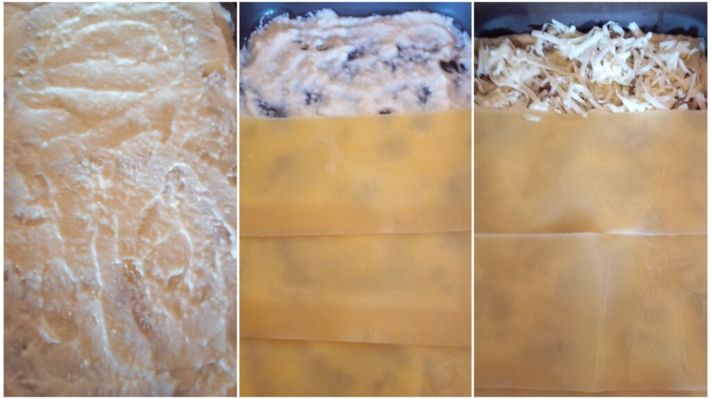 Three images showing the lasagna layering process: bechamel on the bottom, first layer of sheets, and the last layer of sheets in a rectangular dish.