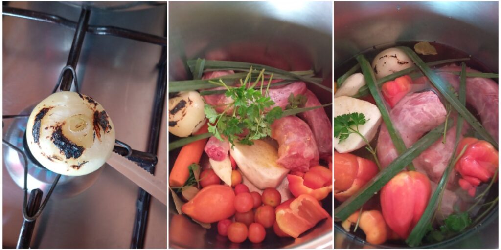 Whole onion roasting, turkey necks and vegetables in a deep pot, and ingredients with water ready for boiling.