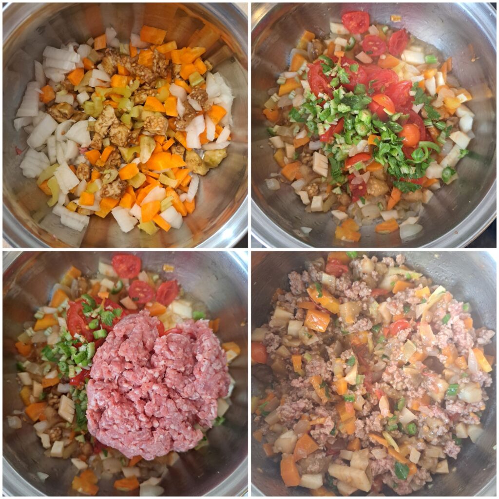 Collage of four images showing vegetables sautéed, tomato added, celery stems and leaves, and meat in pot.