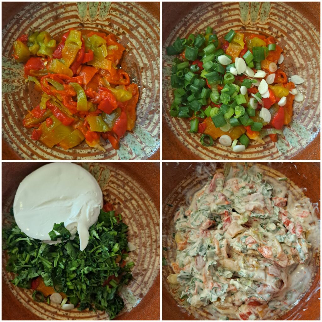Step-by-step images showing the chopped roasted peppers, spring onion, garlic, parsley, and cream cheese being mixed into a smooth filling.