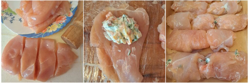 Step-by-step images of chicken pieces being filled with the pepper and cream cheese mixture, rolled, and arranged on a parchment-lined baking tray.