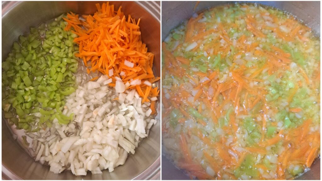 Two merged images showing chopped onions, carrot, and green bell pepper sautéing in a pan at the beginning of cooking.