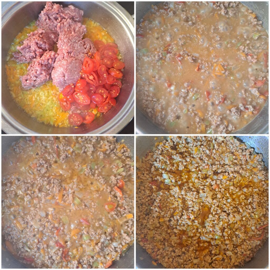 Four merged images depicting ground beef and halved cherry tomatoes being added to the pan, cooking until the sauce reaches its final consistency.
