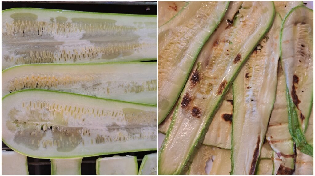 Zucchini slices grilling and grilled zucchini slices on a plate.