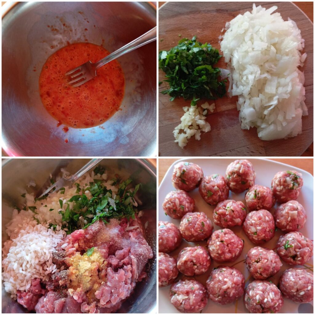 Four-step collage showing the preparation of Juicy Meatballs, including mixing ingredients, shaping the meatballs, and arranging them for cooking.