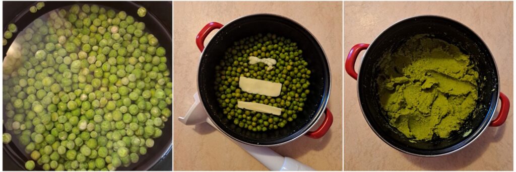 Collage of pea preparation: raw peas in water, cooked peas with butter, and blended pea mash.