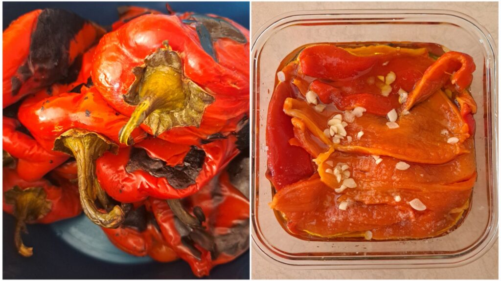 Roasted unpeeled peppers and peeled peppers with garlic, salt, olive oil, and vinegar.