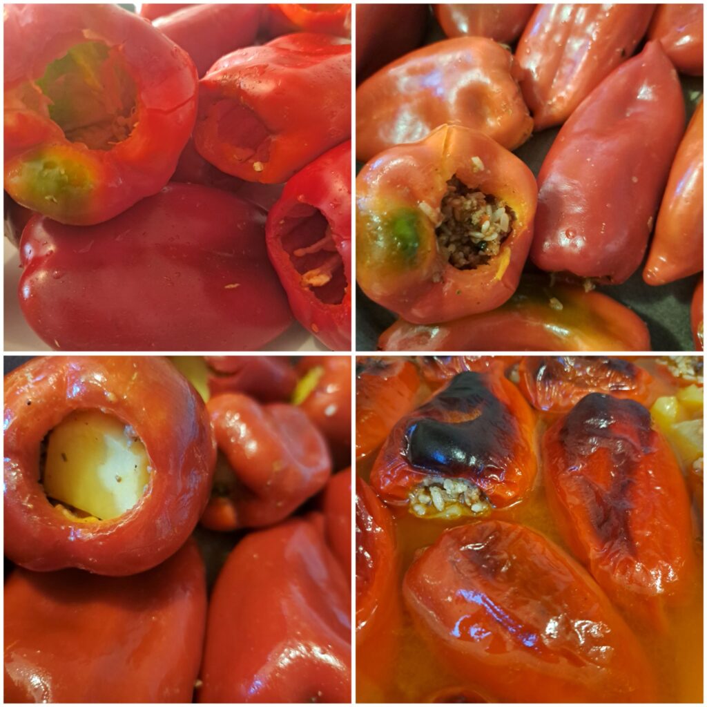 Red peppers cleaned, then stuffed with rice and pork, topped with potato slices, and baked in a dish.