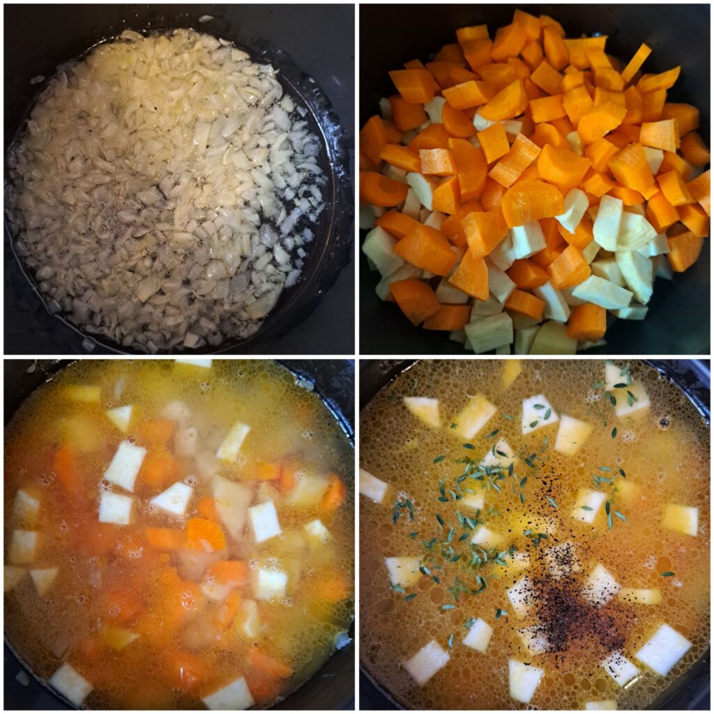Step-by-step process of cooking root vegetable soup in a pot with onion, vegetables, water, and spices.