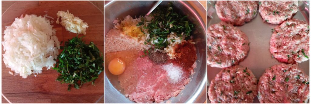 Chopped onion, garlic, parsley, patty mixture, and six formed turkey patties ready for frying.