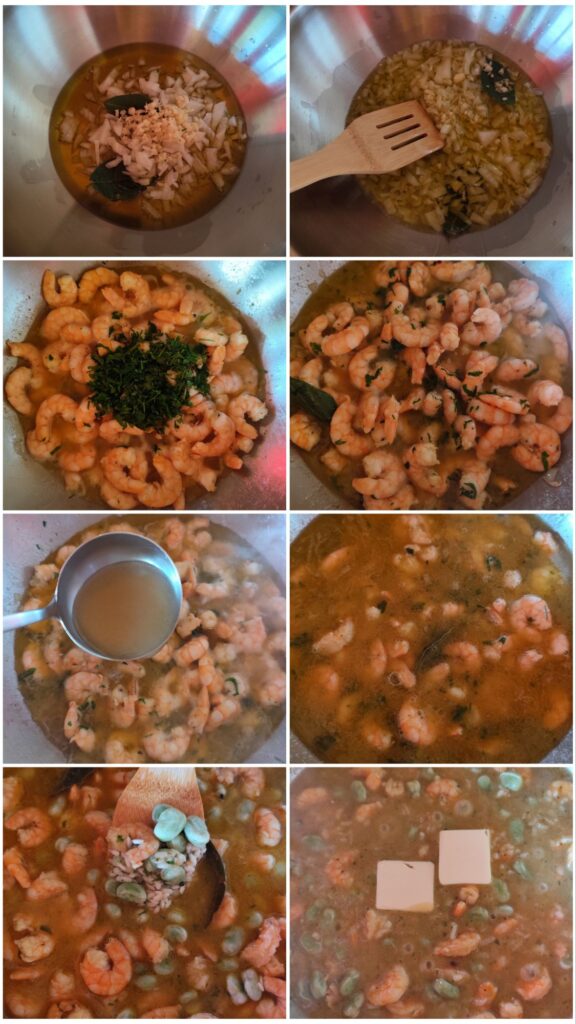 Cooking stages of shrimp risotto from sautéing onion and garlic to adding butter at the end.