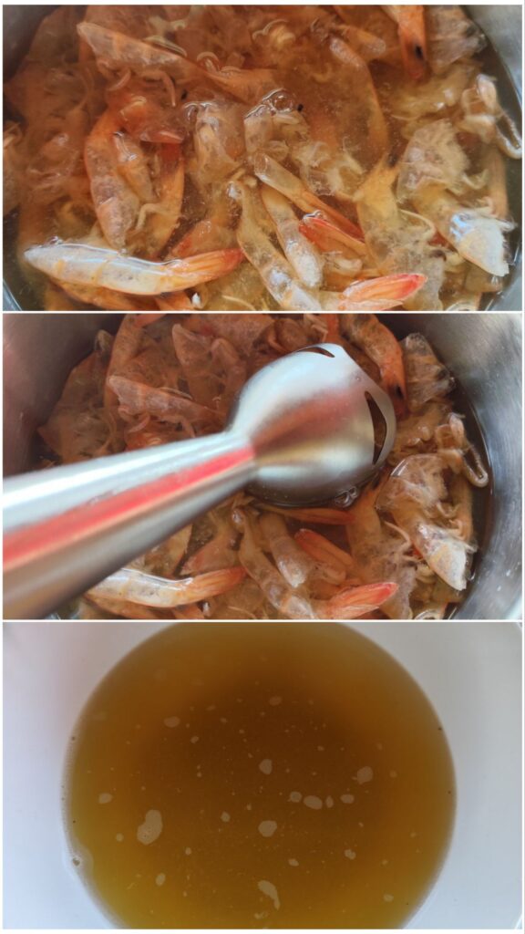 Shrimp shells ready for boiling, blended, and strained stock in separate containers.