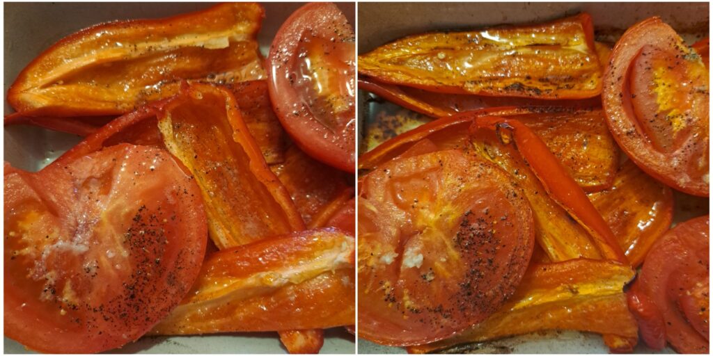 Tomatoes and red peppers on a baking tray, shown raw and roasted.