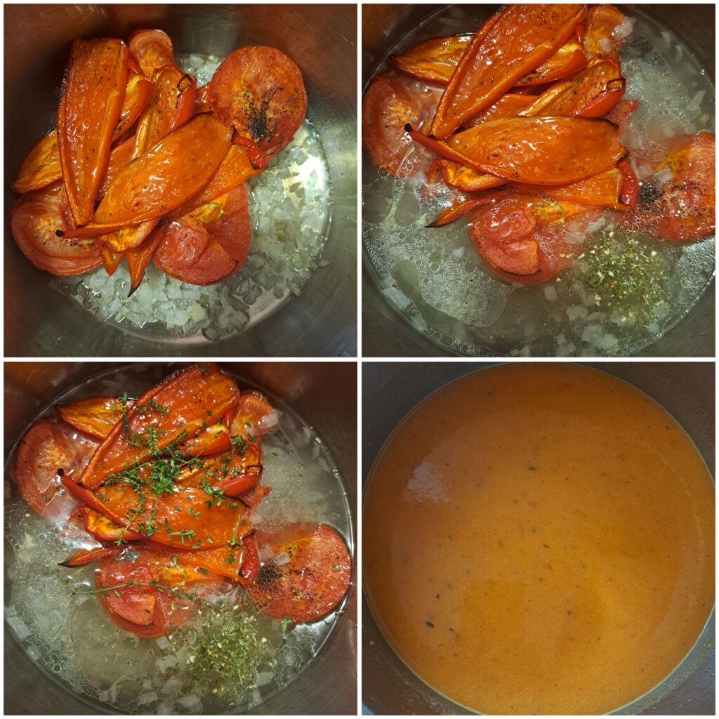 Onion and garlic frying in a pot, with roasted peppers, tomatoes, broth being added, and the blended finished soup.
