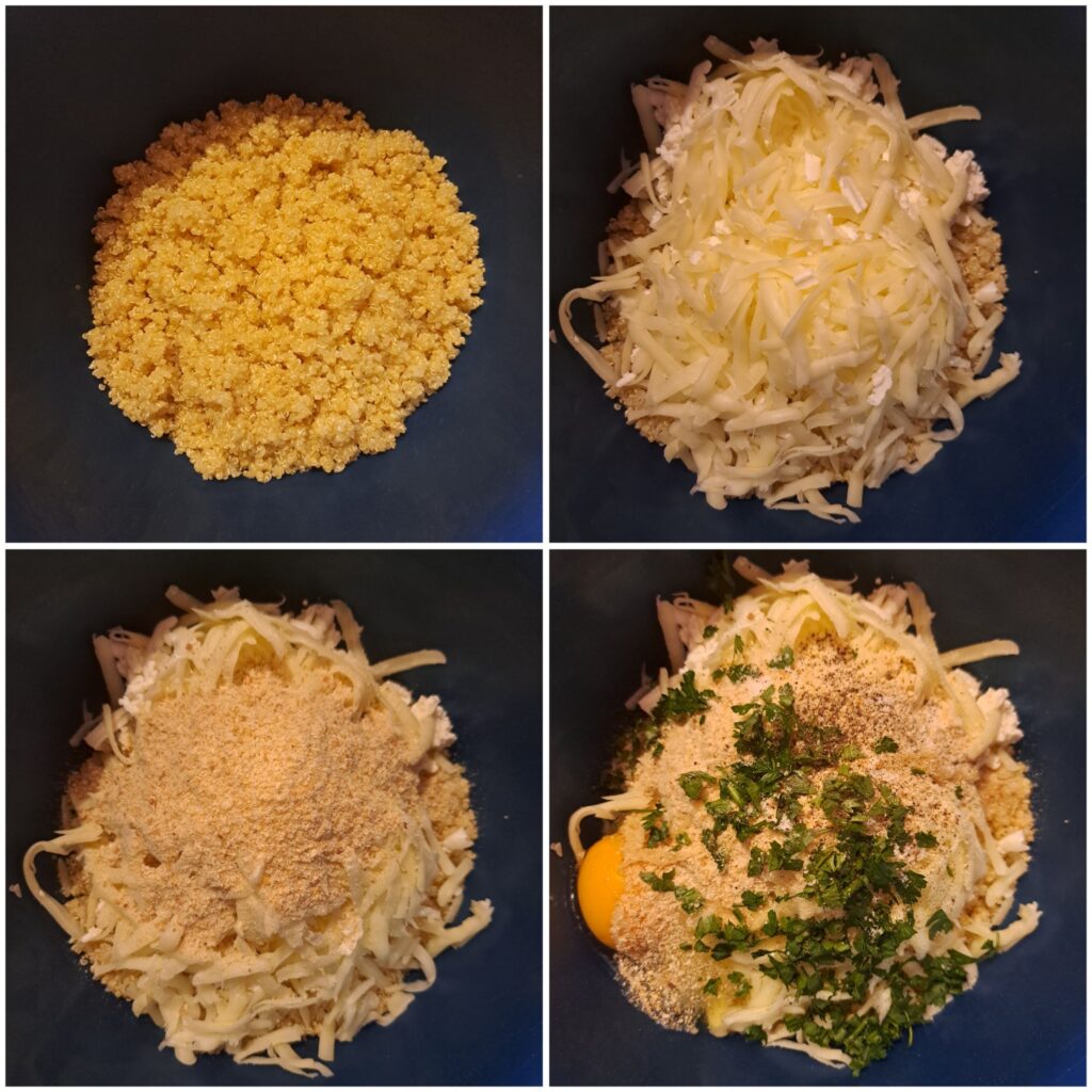 Step by step preparation of quinoa cake mixture with cheese, breadcrumbs, egg, and herbs.