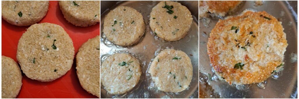 Unfried quinoa cakes placed in a pan and golden fried quinoa cakes after cooking.