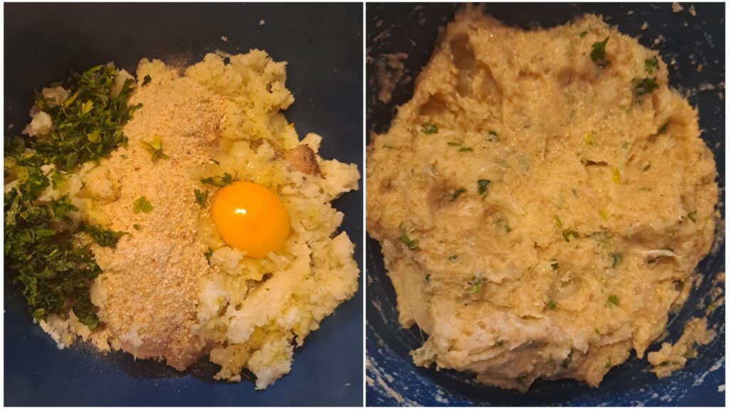 Two stages of mixture for chicken and cauliflower bites, before mixing and after blending into smooth texture.