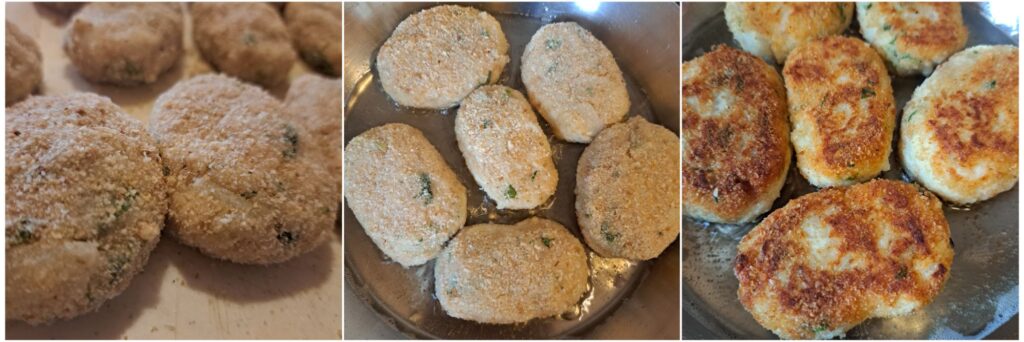 Three-step collage showing bites before frying, in the pan, and frying until golden.