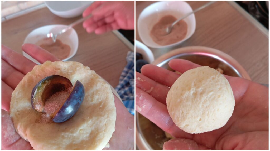 Forming a potato plum dumpling in hand, and a finished dumpling ready for boiling.