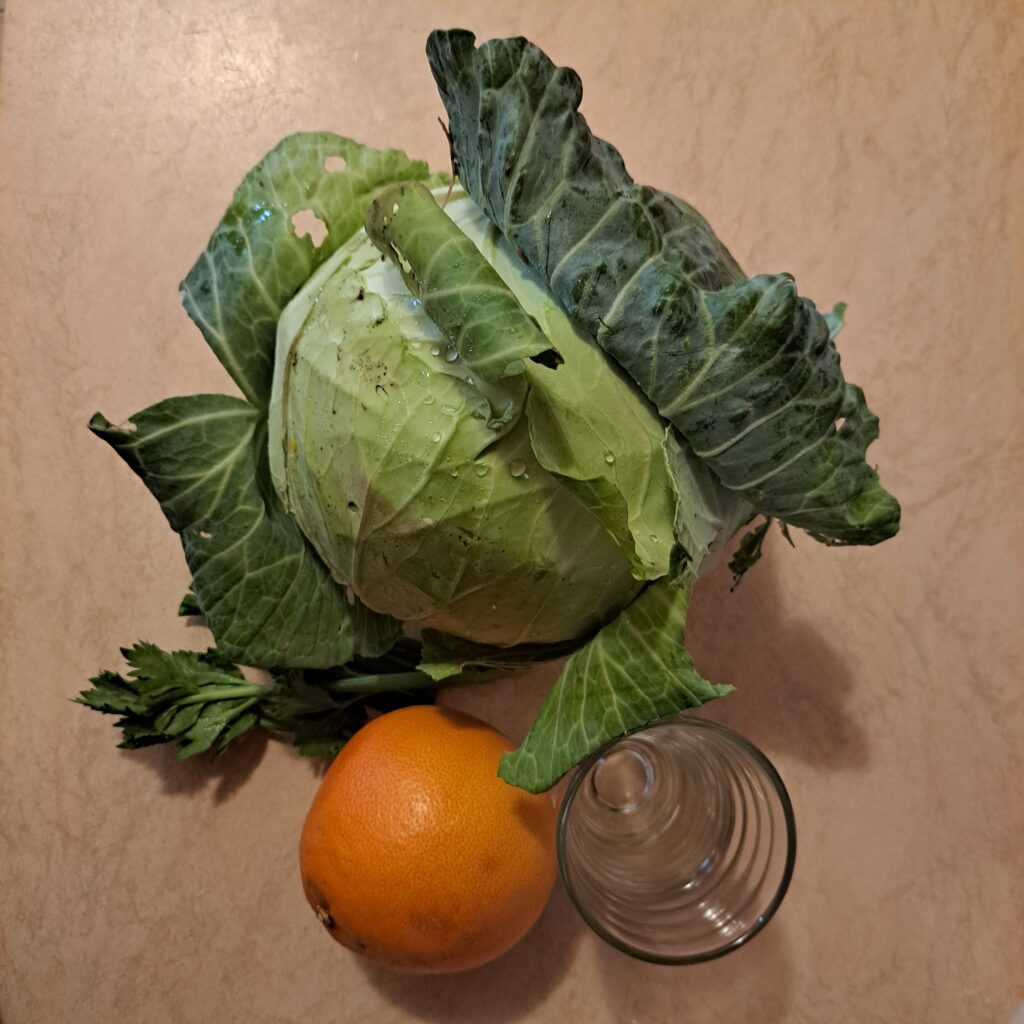 Fresh ingredients for grapefruit celery cabbage juice on a table including whole cabbage, celery stalks, grapefruit, and a glass of water.