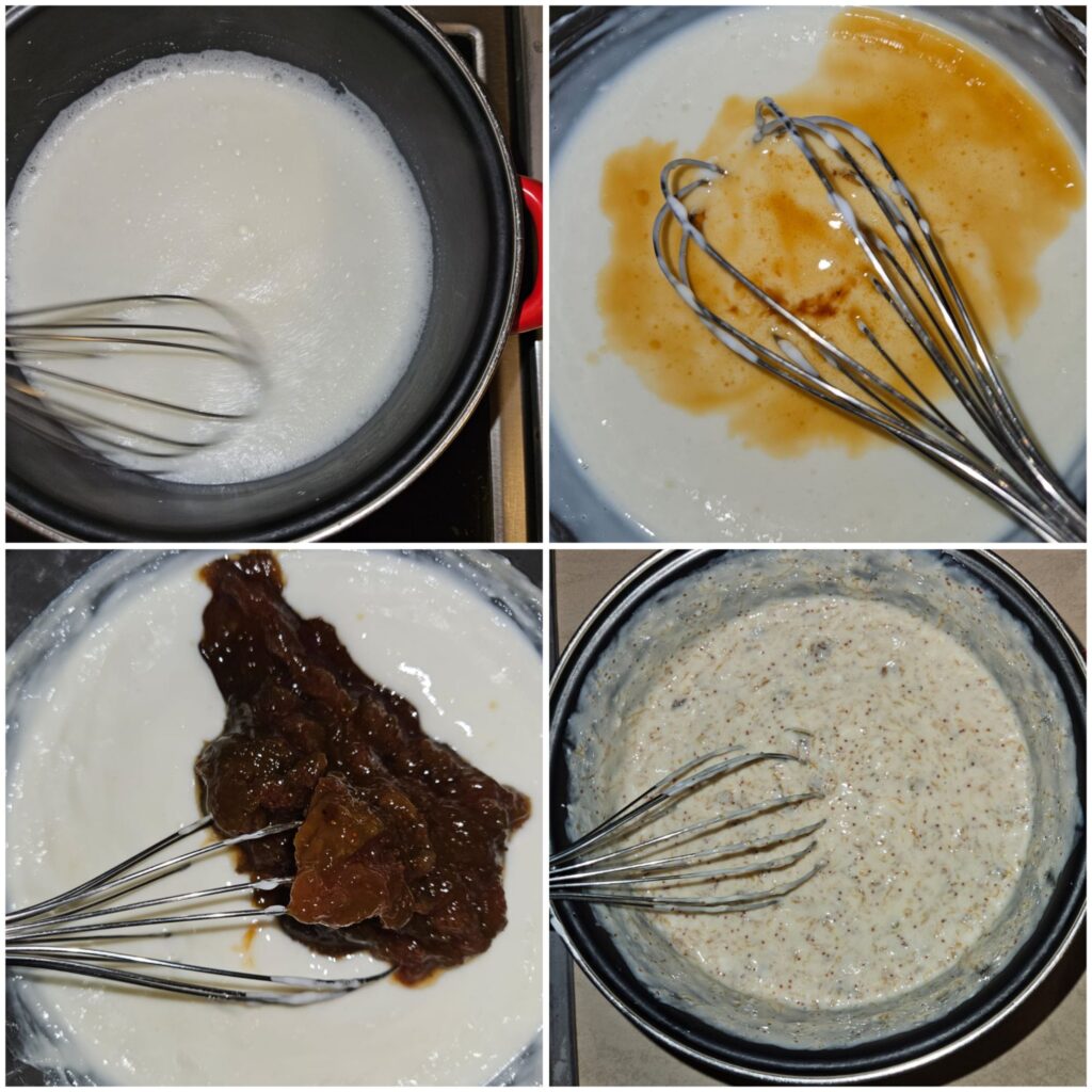 The preparation of green fig ice cream with ingredients being added before freezing.