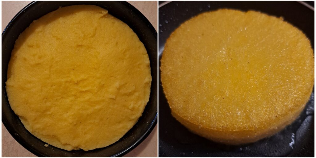Polenta in a baking tray before cutting into rounds and a polenta round frying in a pan, showing the cooking process.