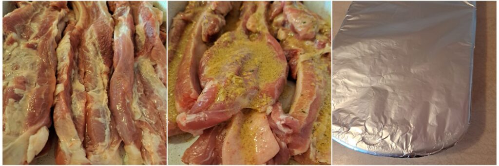 Three images showing pork ribs in a baking tray, seasoned and covered with aluminum foil.