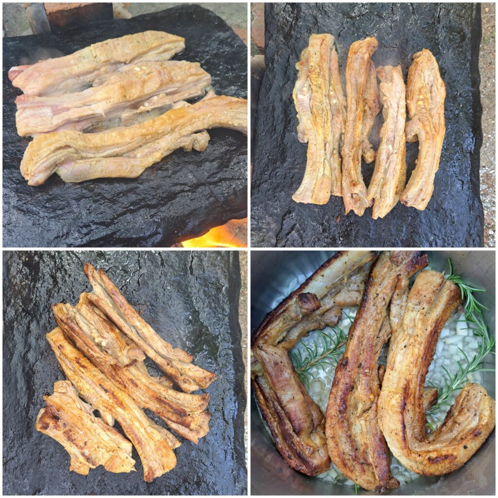 Four images showing ribs on a stone slab, grilled, and placed in the pot with chopped onion, water, and rosemary.