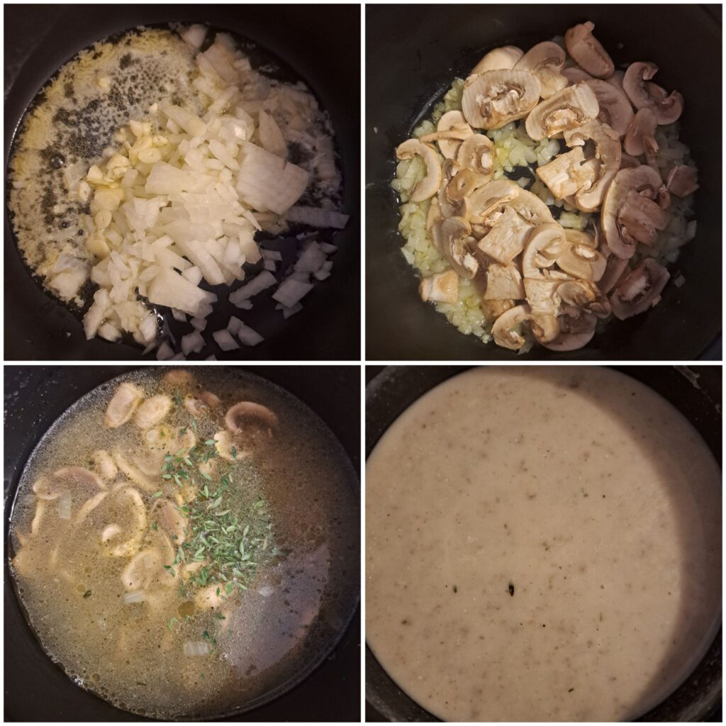Four-step collage showing sautéing onions and garlic, adding mushrooms, pouring broth, and finishing soup with cream.