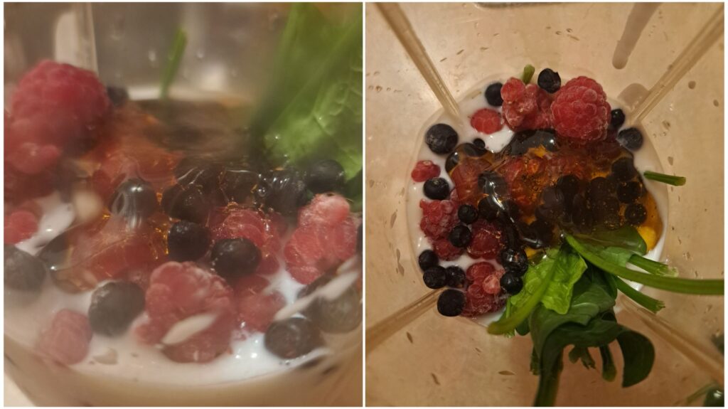 Ingredients for Berries Hazelnuts Spinach Smoothie shown in a blender from above and side view.