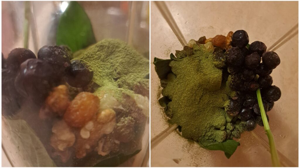 Ingredients for Moringa Walnuts Aronia Smoothie shown in a blender from above and side view.