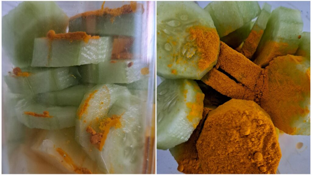 Ingredients for Pineapple Cucumber Turmeric Juice shown in a blender from side and top view.