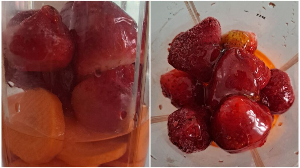 Top and side view of Carrot Strawberry Coconut Juice ingredients inside a blender, ready to mix.