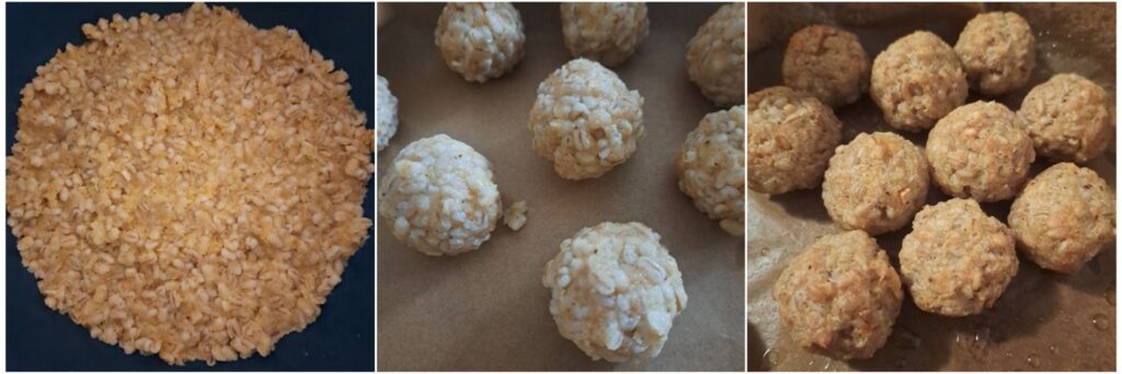 Step-by-step view showing barley risotto mixture, shaped bites before frying, and golden bites after frying.