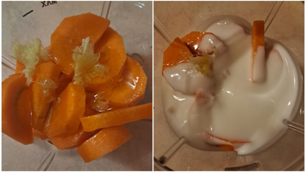 Two-step collage showing chopped apricots, carrots, grated ginger, and honey, then yogurt added to the blender.