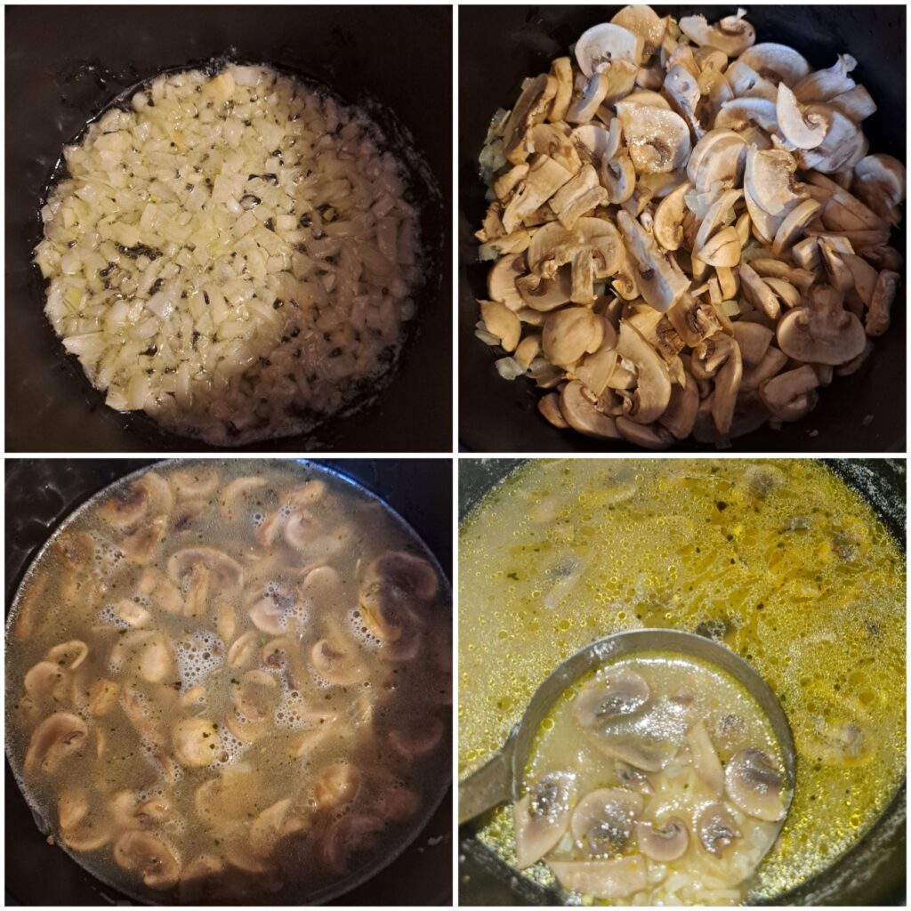 Step-by-step collage showing sautéing onion and garlic, adding mushrooms, pouring broth, and simmering the soup.