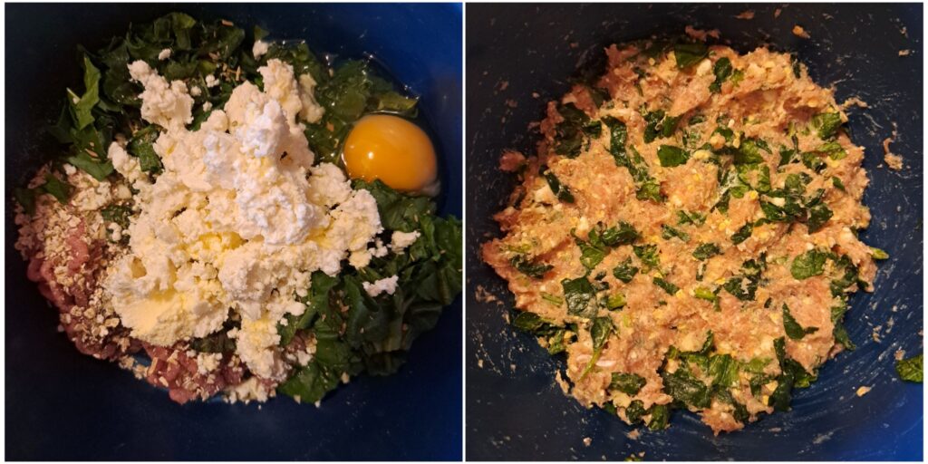 A bowl with ingredients for turkey meatballs before mixing, and another showing the mixed turkey, spinach, feta, egg, oats, and spices.