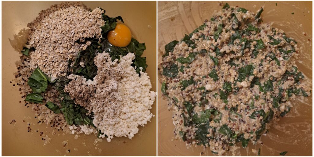 Combined image showing quinoa, spinach, feta, and other ingredients mixed together in a deep bowl.