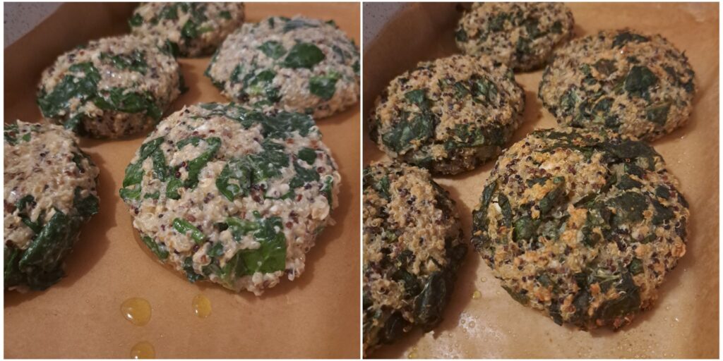 Combined image showing quinoa and spinach patties arranged on baking paper before and after baking.