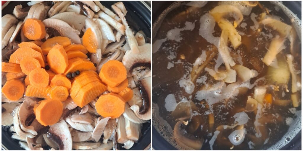 Two photos showing soup preparation in a pot - from simmering vegetables to nearly cooked soup.