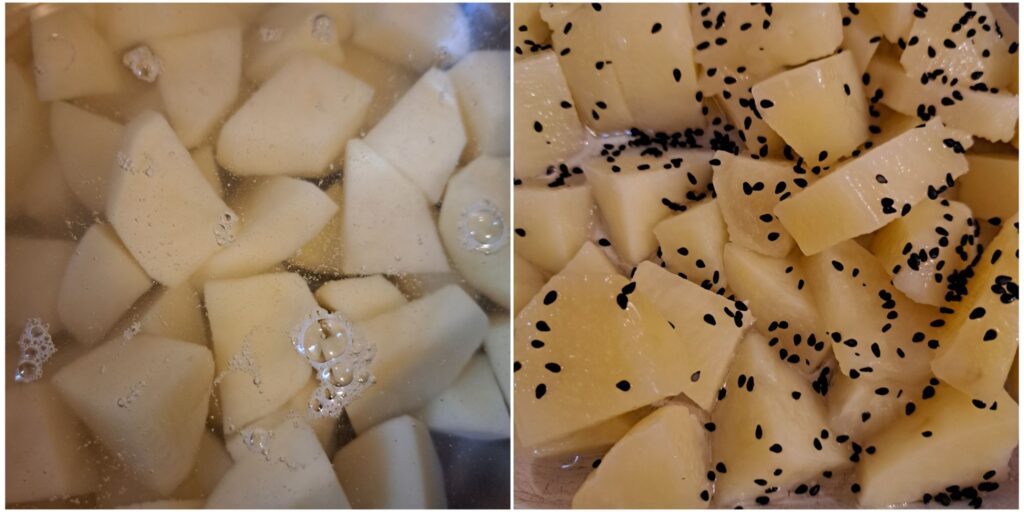Two photos showing potatoes boiling in water and then placed in a baking tray with sesame and olive oil.