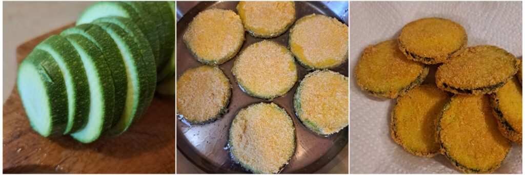 Three photos showing sliced zucchini, frying in a pan, and drained on paper after frying.