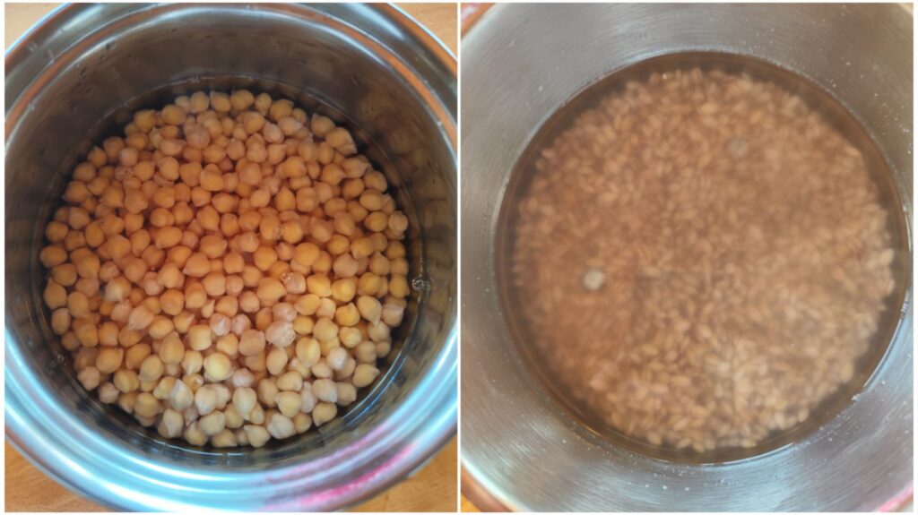 Barley and chickpeas soaked overnight in bowls, ready for cooking.