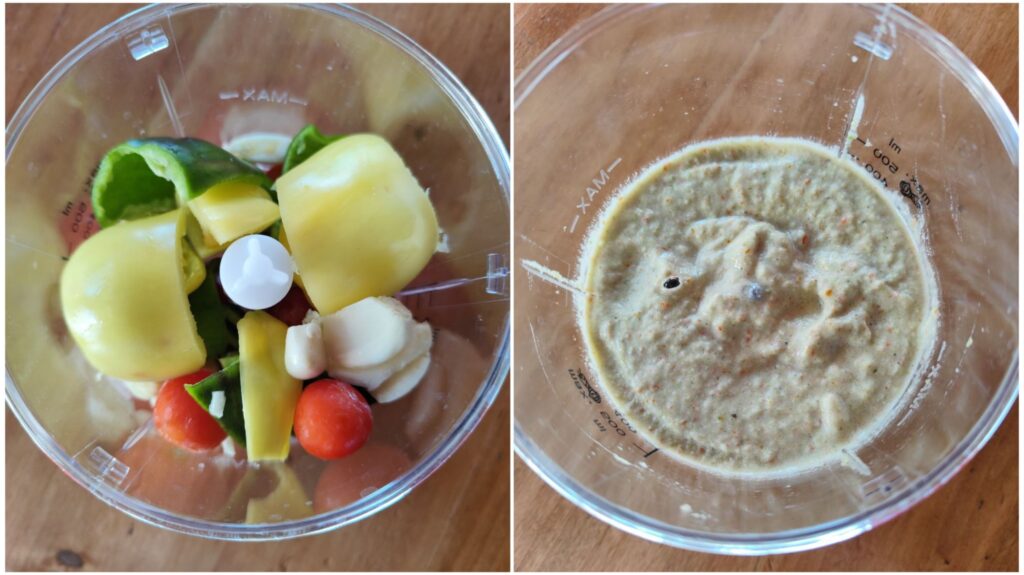 Smooth blend of cherry tomatoes, peppers, and garlic in a blender, prepared for the barley chickpea meat stew.