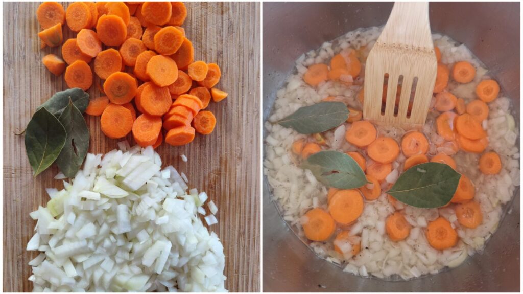 Chopped onions and carrots cooking with bay leaves in a pot, lightly seasoned with salt and pepper.