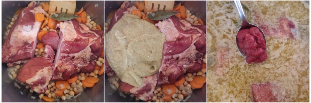 Whole smoked pork pieces added to the pot with a colorful blended vegetable sauce.