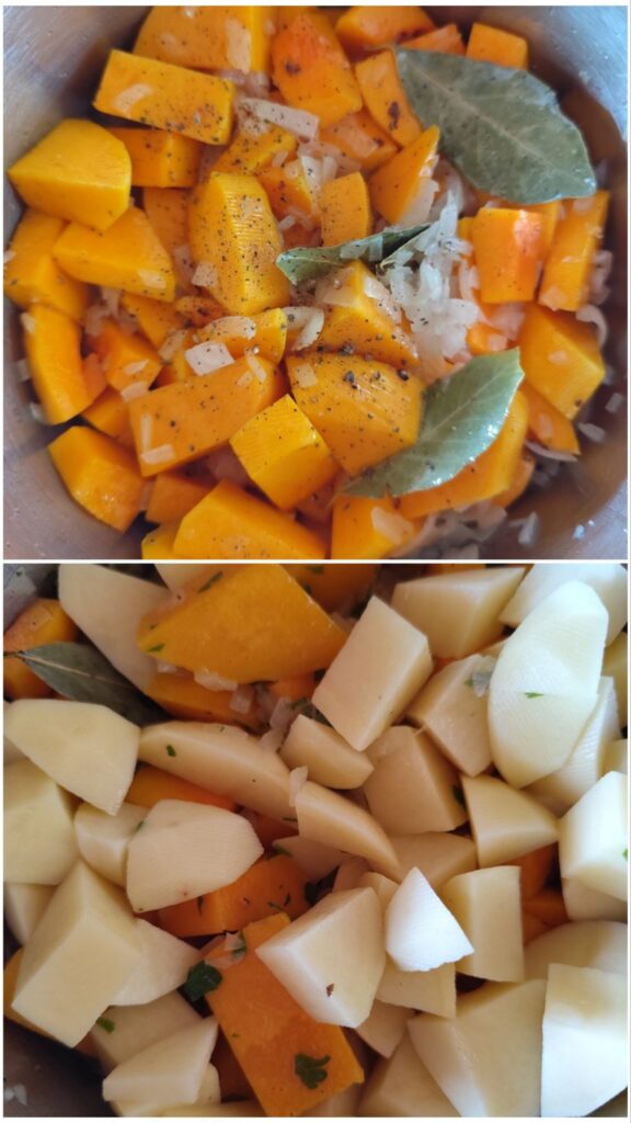 Chopped butternut squash, potatoes, and parsley added to the pot, stirring gently.