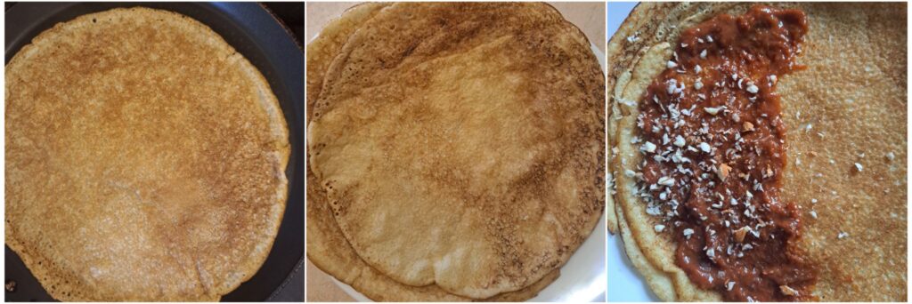 Making Whole Wheat Crepes with Apricot Jam and Almonds shown in three steps – cooking, stacking, and spreading jam with almonds.